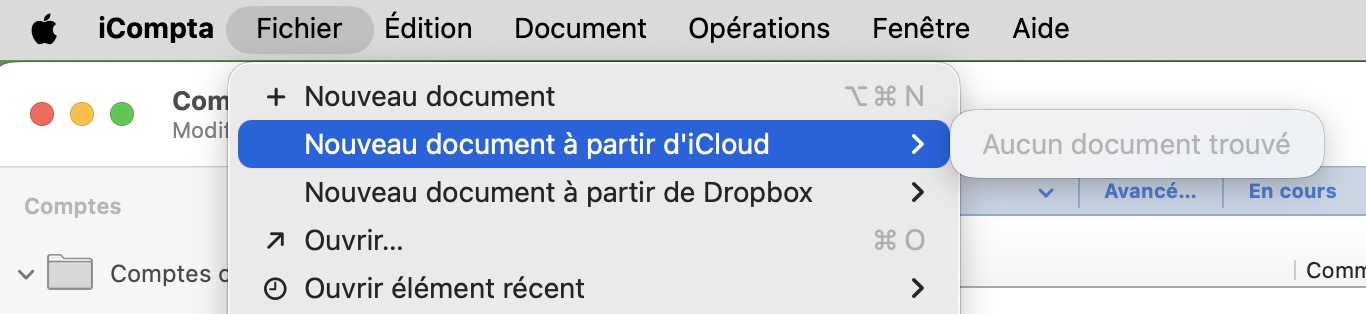 iCompta Mac ne trouve pas de fichier sauvegardé sur iCloud (qui est dans un sous-dossier "Budget" du dossier Documents