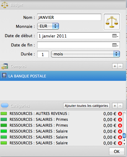 fenêtre de paramétrage du budget lorsqu'il y a des groupes et sous-groupes